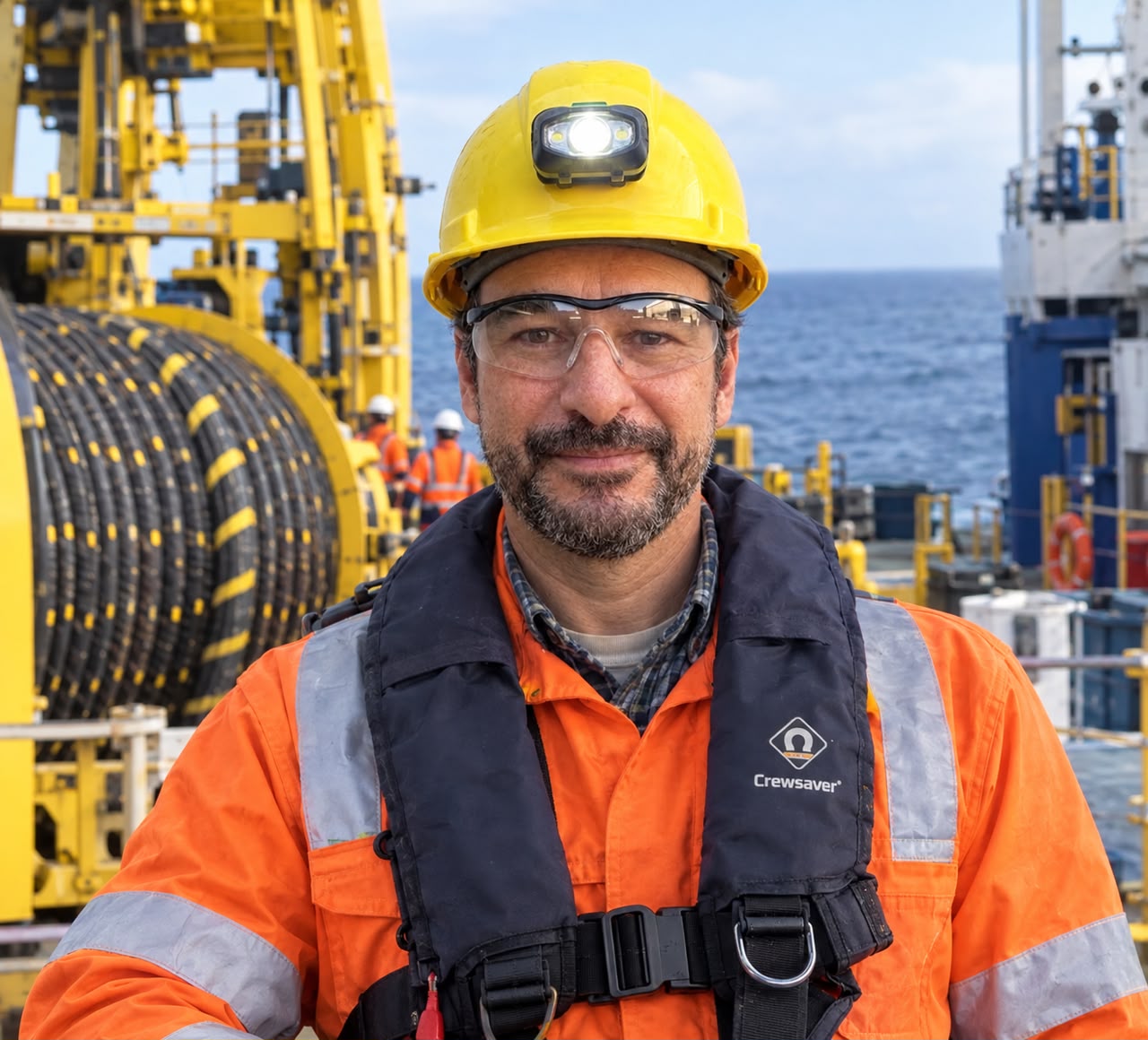 Fernando Sanchez in safety gear on the deck of an offshore cable installation vessel
